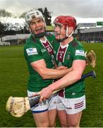 2 April 2022; Joey Boyle, left, and Darragh Egerton of Westmeath  celebrate after the Allianz Hurling League Division 2A Final match between Down and Westmeath at FBD Semple Stadium in Thurles, Tipperary. Photo by Ray McManus/Sportsfile