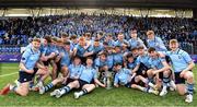 6 April 2022; St Michael’s College players celebrate with the trophy after their side's victory in the Bank of Ireland Leinster Rugby Schools Junior Cup Final match between St Michael’s College and Cistercian College, Roscrea at Energia Park in Dublin. Photo by Seb Daly/Sportsfile