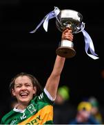 10 April 2022; Kerry captain Anna Galvin lifts the cup after her side's victory in the Lidl Ladies Football National League Division 2 Final between Armagh and Kerry at Croke Park in Dublin. Photo by Piaras Ó Mídheach/Sportsfile