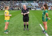 10 April 2022; Referee Garryowen McMahon performs the coin toss in the company of team captains Niamh McLaughlin of Donegal, left, and Shauna Ennis of Meath before the Lidl Ladies Football National League Division 1 Final between Donegal and Meath at Croke Park in Dublin. Photo by Brendan Moran/Sportsfile