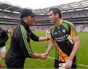 4 August 2013; Donegal goalkeeper Paul Durcan with Mayo manager James Horan, left, after the game. GAA Football All-Ireland Senior Championship, Quarter-Final, Mayo v Donegal, Croke Park, Dublin. Picture credit: Ray McManus / SPORTSFILE