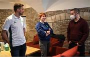 12 April 2022; The Olympic Federation of Ireland today launched the Winter Sports Strategy which is calling for a structured approach to supporting winter sports and athletes in Ireland. Pictured at the launch is cross-country skier Thomas Maloney Westgaard, left, luge athlete Elsa Desmond, and skeleton athlete Brendan Doyle. Photo by Ramsey Cardy/Sportsfile