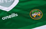 12 April 2022; The Offaly GAA crest on a jersey  during an Offaly Football squad portrait session at Faithful Fields Offaly GAA Centre of Excellence in Kilcormac, Offaly. Photo by Brendan Moran/Sportsfile