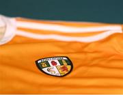 12 April 2022; Detail view of the crest on the Antrim jersey during an Antrim hurling squad portrait session at the Ulster University in Jordanstown, Antrim. Photo by Harry Murphy/Sportsfile