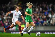 12 April 2022; Nadene Caldwell of Northern Ireland in action against Georgia Stanway of England during the FIFA Women's World Cup 2023 qualifier match between Northern Ireland and England at National Stadium at Windsor Park in Belfast. Photo by Ramsey Cardy/Sportsfile