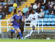 15 April 2022; Wilson Waweru of Galway United in action against Darragh Power of Waterford during the SSE Airtricity League First Division match between Waterford and Galway United FC at RSC in Waterford. Photo by Michael P Ryan/Sportsfile