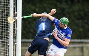 16 April 2022; Mark Dowling of Laois celebrates after a collision with Dublin goalkeeper Sean Brennan results in a goal during the Leinster GAA Hurling Senior Championship Round 1 match between Dublin and Laois at Parnell Park in Dublin. Photo by Eóin Noonan/Sportsfile