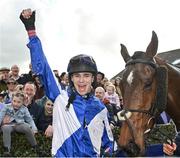 18 April 2022; Jockey Paddy O'Hanlon celebrates after riding Lord Lariat to victory in the BoyleSports Irish Grand National Steeplechase during day three of the Fairyhouse Easter Festival at Fairyhouse Racecourse in Ratoath, Meath. Photo by Seb Daly/Sportsfile