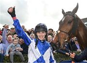 18 April 2022; Jockey Paddy O'Hanlon celebrates after riding Lord Lariat to victory in the BoyleSports Irish Grand National Steeplechase during day three of the Fairyhouse Easter Festival at Fairyhouse Racecourse in Ratoath, Meath. Photo by Seb Daly/Sportsfile