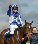 18 April 2022; Jockey Paddy O'Hanlon and groom Rebecca Macintyre celebrate after victory in the BoyleSports Irish Grand National Steeplechase with Lord Lariat during day three of the Fairyhouse Easter Festival at Fairyhouse Racecourse in Ratoath, Meath. Photo by Seb Daly/Sportsfile