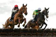 18 April 2022; Rebel Step, left, with Danny Mullins up, and Icare Allen, with Mark Walsh up, during the Donohue Marquees Juvenile Hurdle on day three of the Fairyhouse Easter Festival at Fairyhouse Racecourse in Ratoath, Meath. Photo by Seb Daly/Sportsfile