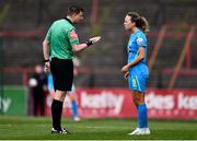 16 April 2022; Referee Alan Carey in conversation with Kerri Letman of DLR Waves during the SSE Airtricity Women's National League match between Bohemians and DLR Waves at Dalymount Park in Dublin. Photo by Ben McShane/Sportsfile