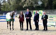 22 April 2022; The road to the World Championships for young horses began as Horse Sport Ireland launched the 2022 HSI Studbook Series. For the first time, the competition is open to horses from all Department of Agriculture, Food and the Marine approved studbooks and with €80,000 in prizemoney on offer HSI are expecting a strong entry as crowds return for the first time since the start of the COVID19 pandemic. The HSI Studbook Series provides a platform for younger horses to compete and develop in classes for five, six and seven-year-olds and offers them an opportunity to progress towards competing at the FEI WBFSH World Breeding Jumping Championships for Young Horses in Lanaken, Belgium, in the autumn. Dr Sonja Egan, interim head of breeding, innovation and development, Horse Sport Ireland, holding the Irish Sport Horse, Danos Lola, with, from left, Charlie McConalogue TD, Minister for Agriculture, Food and Marine, Denis Duggan, chief executive officer, Horse Sport Ireland, and Joe Reynolds, chairman, Horse Sport Ireland, during the 2022 Horse Sport Ireland Studbook Series launch at the National Horse Sport Arena on the Sport Ireland Campus in Blanchardstown, Dublin. Photo by Stephen McCarthy/Sportsfile
