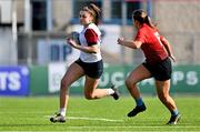 21 April 2022; Jodie Ahern of Midlands in action against Steffi Finegan of North East during the Leinster Rugby Under 18 Sarah Robinson Cup Final Round match between Midlands and North East at Energia Park in Dublin. Photo by Brendan Moran/Sportsfile