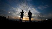 21 April 2022; Niall Finnerty of Meath, left, and Kieran Conroy of Dublin await developments as they stand on the edge of the square during the EirGrid Leinster GAA Football U20 Championship Semi-Final match between Dublin and Meath at Parnell Park in Dublin. Photo by Ray McManus/Sportsfile