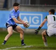 21 April 2022; Luke Breathnach of Dublin prepares to shoot past Meath goalkeeper Billy Hogan to score the fourth goal, in the sixth minute of the second half, during the EirGrid Leinster GAA Football U20 Championship Semi-Final match between Dublin and Meath at Parnell Park in Dublin. Photo by Ray McManus/Sportsfile