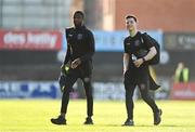 22 April 2022; Bohemians players Junior Ogedi-Uzokwe, left, and Ali Coote before the SSE Airtricity League Premier Division match between Bohemians and Shamrock Rovers at Dalymount Park in Dublin. Photo by Seb Daly/Sportsfile