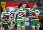 22 April 2022; Andy Lyons of Shamrock Rovers celebrates after scoring his side's first goal with team-mate Lee Grace, right, during the SSE Airtricity League Premier Division match between Bohemians and Shamrock Rovers at Dalymount Park in Dublin. Photo by Stephen McCarthy/Sportsfile