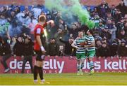22 April 2022; Andy Lyons of Shamrock Rovers, left, celebrates with teammate Richie Towell after scoring their side's first goal during the SSE Airtricity League Premier Division match between Bohemians and Shamrock Rovers at Dalymount Park in Dublin. Photo by Seb Daly/Sportsfile