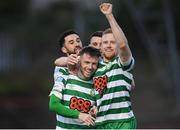 22 April 2022; Shamrock Rovers players, from left, Roberto Lopes, Jack Byrne and Sean Hoare celebrate their second goal during the SSE Airtricity League Premier Division match between Bohemians and Shamrock Rovers at Dalymount Park in Dublin. Photo by Stephen McCarthy/Sportsfile