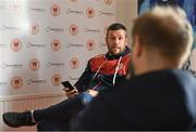 27 April 2022; St Patrick's Athletic manager Tim Clancy speaking to journalists during a St Patrick's Athletic Media Conference at Richmond Park in Dublin. Photo by Sam Barnes/Sportsfile