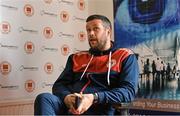 27 April 2022; St Patrick's Athletic manager Tim Clancy speaking to journalists during a St Patrick's Athletic Media Conference at Richmond Park in Dublin. Photo by Sam Barnes/Sportsfile