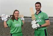 28 April 2022; Ireland captains Laura Delany  and Andrew Balbirnie during the Ireland’s International Cricket Season Launch at HBV Studios in Dublin. Photo by Sam Barnes/Sportsfile