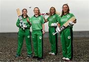 28 April 2022; Ireland cricketers, from left, Cara Murray, Celeste Raack, Gaby Lewis and Ireland captain Laura Delany during the Ireland’s International Cricket Season Launch at HBV Studios in Dublin. Photo by Sam Barnes/Sportsfile