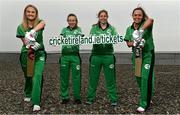 28 April 2022; Ireland cricketers, from left, Gaby Lewis, Celeste Raack, Cara Murray and Ireland captain Laura Delany during the Ireland’s International Cricket Season Launch at HBV Studios in Dublin. Photo by Sam Barnes/Sportsfile