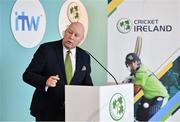 28 April 2022; Heatley Tector, Owner and director of HBV Studios, speaking during the Ireland’s International Cricket Season Launch at HBV Studios in Dublin. Photo by Sam Barnes/Sportsfile