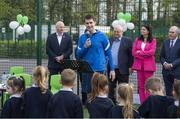 29 April 2022; Minister of State for Sport and the Gaeltacht Jack Chambers TD, speaking during a visit to Nagle Rice Primary School, Ballyoughtragh North in Kerry, while visiting local schools to support children taking part in ‘the Daily Mile'. Photo by Domnick Walsh/Sportsfile
