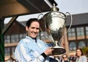 29 April 2022; Rachael Blackmore celebrates with the cup after riding Honeysuckle to victory in the Paddy Power Champion Hurdle during day four of the Punchestown Festival at Punchestown Racecourse in Kildare. Photo by David Fitzgerald/Sportsfile
