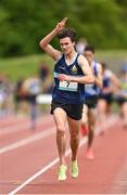 18 May 2022; Marcus Clarke of Castleknock College, Dublin, celebrates as he wins the Senior Boys 2000 metres Steeplechase during day one of the Irish Life Health Leinster Schools Track and Field Championships at Morton Stadium in Santry, Dublin. Photo by Seb Daly/Sportsfile