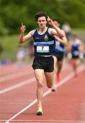 18 May 2022; Marcus Clarke of Castleknock College, Dublin, celebrates as he wins the Senior Boys 2000 metres Steeplechase during day one of the Irish Life Health Leinster Schools Track and Field Championships at Morton Stadium in Santry, Dublin. Photo by Seb Daly/Sportsfile