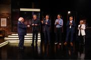 20 May 2022; President of Ireland Michael D Higgins with former Republic of Ireland internationals, from left, Packie Bonner, David O’Leary, Niall Quinn, Shay Given and Olivia O’Toole during the FAI Centenary Late Late Show Special at RTE Studios in Dublin. Photo by Stephen McCarthy/Sportsfile