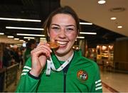 21 May 2022; Lisa O'Rourke of Ireland at Dublin Airport on their return from the IBA Women's World Boxing Championships 2022 in Turkey. Photo by Oliver McVeigh/Sportsfile