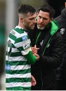 23 May 2022; Jack Byrne of Shamrock Rovers with Shamrock Rovers manager Stephen Bradley after coming off the pitch with an injury during the SSE Airtricity League Premier Division match between Drogheda United and Shamrock Rovers at Head in the Game Park in Drogheda, Louth. Photo by Ben McShane/Sportsfile