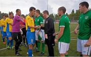 7 August 2013; Ireland and Ukraine players shake hands before the game. 2013 CPISRA Intercontinental Cup, Semi-Final, Ireland v Ukraine, Stadium ZEM Jaume Tubau, Sant Cugat del Valles, Barcelona, Spain. Picture credit: Juan Manuel Baliellas / SPORTSFILE