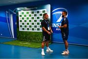 28 May 2022; Ihaia West of La Rochelle in conversation with Jamison Gibson-Park of Leinster before the Heineken Champions Cup Final match between Leinster and La Rochelle at Stade Velodrome in Marseille, France. Photo by Harry Murphy/Sportsfile