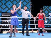 29 May 2022; James Dylan Eagleson of Ireland, left, is declared victorious over Panev Daniel Asenov of Bulgaria after their Bantamweight Semi-Final bout during the EUBC Elite Men’s European Boxing Championships at Karen Demirchyan Sports and Concerts Complex in Yerevan, Armenia. Photo by Hrach Khachatryan/Sportsfile