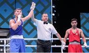 29 May 2022; James Dylan Eagleson of Ireland, left, is declared victorious over Panev Daniel Asenov of Bulgaria after their Bantamweight Semi-Final bout during the EUBC Elite Men’s European Boxing Championships at Karen Demirchyan Sports and Concerts Complex in Yerevan, Armenia. Photo by Hrach Khachatryan/Sportsfile