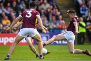 29 May 2022; John Daly of Galway blocks a shot on goal by Brian Stack of Roscommon during the Connacht GAA Football Senior Championship Final match between Galway and Roscommon at Pearse Stadium in Galway. Photo by Eóin Noonan/Sportsfile