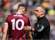 29 May 2022; Galway manager Padraic Joyce congratulates Patrick Kelly of Galway after he is substituted during the Connacht GAA Football Senior Championship Final match between Galway and Roscommon at Pearse Stadium in Galway. Photo by Sam Barnes/Sportsfile
