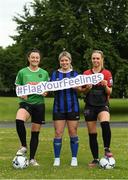 2 June 2022; Tiegan Ruddy of Peamount United, left, Laurie Ryan of Athlone Town and Katie Burdis of Bohemians during the SSE Airtricity WNL Well-Being Programme Launch at the FAI Headquarters in Abbotstown, Dublin. Photo by George Tewkesbury/Sportsfile