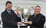 2 June 2022; British Ambassador to Ireland Paul Johnston, left, presents the King George V Cup to winning owner represenative Ronan Fitzpatrick after the King George V Cup at Leopardstown Racecourse in Dublin. Photo by Seb Daly/Sportsfile