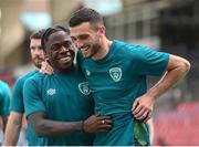 3 June 2022; Michael Obafemi, left, and Troy Parrott during a Republic of Ireland training session at Vazgen Sargsyan Republican Stadium in Yerevan, Armenia.  Photo by Stephen McCarthy/Sportsfile