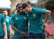 3 June 2022; Michael Obafemi, left, and Troy Parrott during a Republic of Ireland training session at Vazgen Sargsyan Republican Stadium in Yerevan, Armenia.  Photo by Stephen McCarthy/Sportsfile