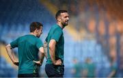 3 June 2022; Shane Duffy and Seamus Coleman, left, during a Republic of Ireland training session at Vazgen Sargsyan Republican Stadium in Yerevan, Armenia. Photo by Stephen McCarthy/Sportsfile