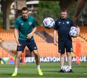 3 June 2022; Seamus Coleman and Andrew Morrissey, STATSports analyst, during a Republic of Ireland training session at Vazgen Sargsyan Republican Stadium in Yerevan, Armenia. Photo by Stephen McCarthy/Sportsfile