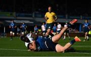 10 June 2022; Dan Sheehan of Leinster dives over to score his side's first try despite the tackle of Madosh Tambwe of Vodacom Bulls during the United Rugby Championship Semi-Final match between Leinster and Vodacom Bulls at the RDS Arena in Dublin. Photo by Harry Murphy/Sportsfile